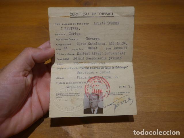 Militaria: Antiguo carnet republicano de guerra civil. Certificat de treball 1937, Serveis electrics unificats
