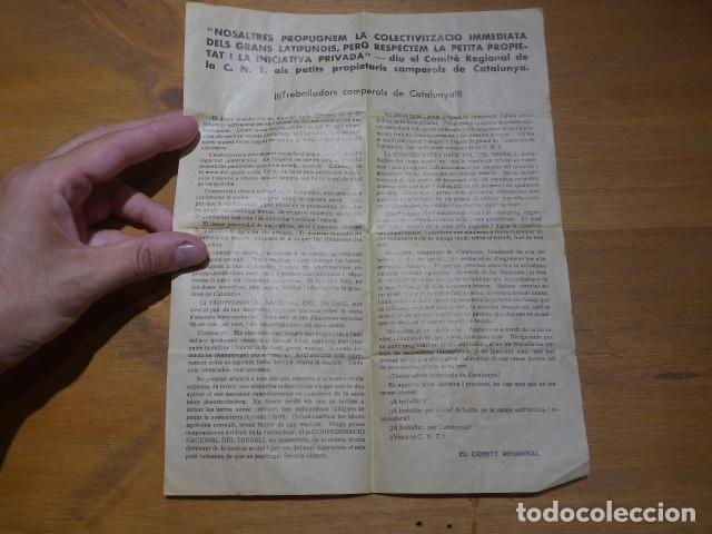 Militaria: Antiguo documento panfleto republicano catalan de la CNT de Guerra civil, Camperols, colectivitzacio