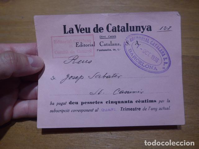 Militaria: Antiguo carnet titulo de 1936 de quotas a diari La veu de Catalunya. Guerra civil, republicano.