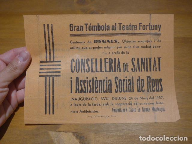 Militaria: Antiguo cartel a doble cara de 1937, republicano, Teatre Fortuny de Reus, sanitat, Guerra civil.