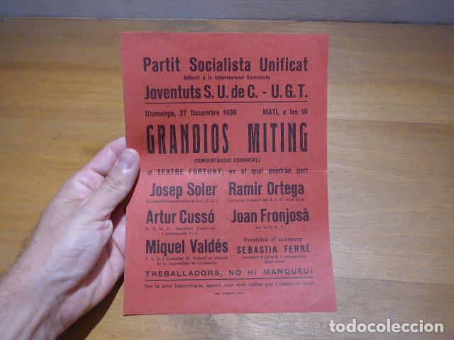 Militaria: Antiguo cartel republicano de PSU y UGT de 1938, Miting en Reus, original, Guerra civil.