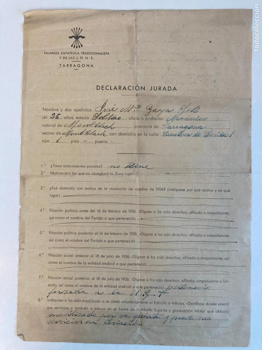 Militaria: FALANGE ESPA&Ntilde;OLA TARRAGONA - DECLARACION JURADA DE UN VECINO DE MONTBLACH - GUERRA CIVIL