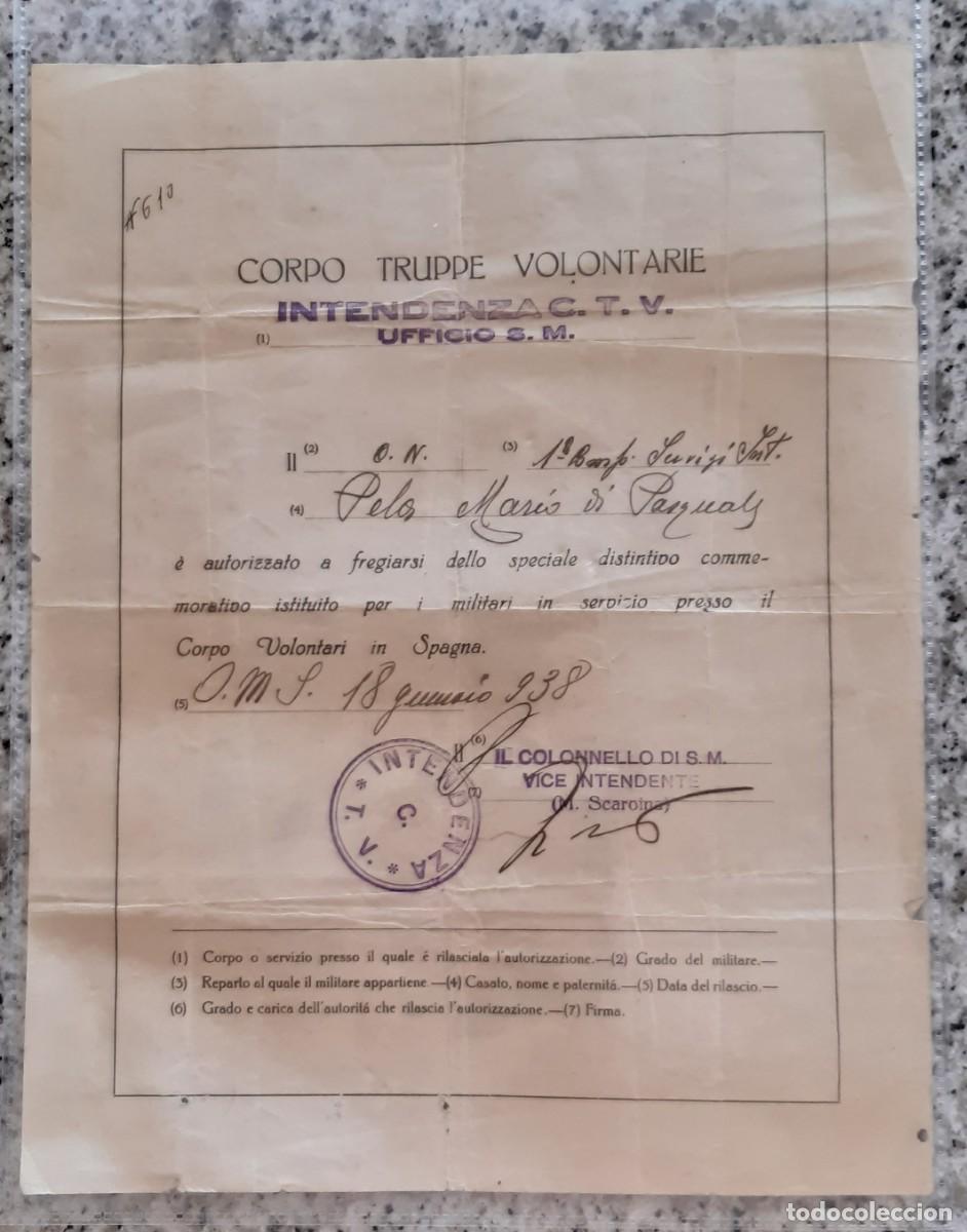 Militaria: DOCUMENTO DEL CTV ITALIANO DE AUTORIZACION DE DISTINTIVO. GUERRA CIVIL