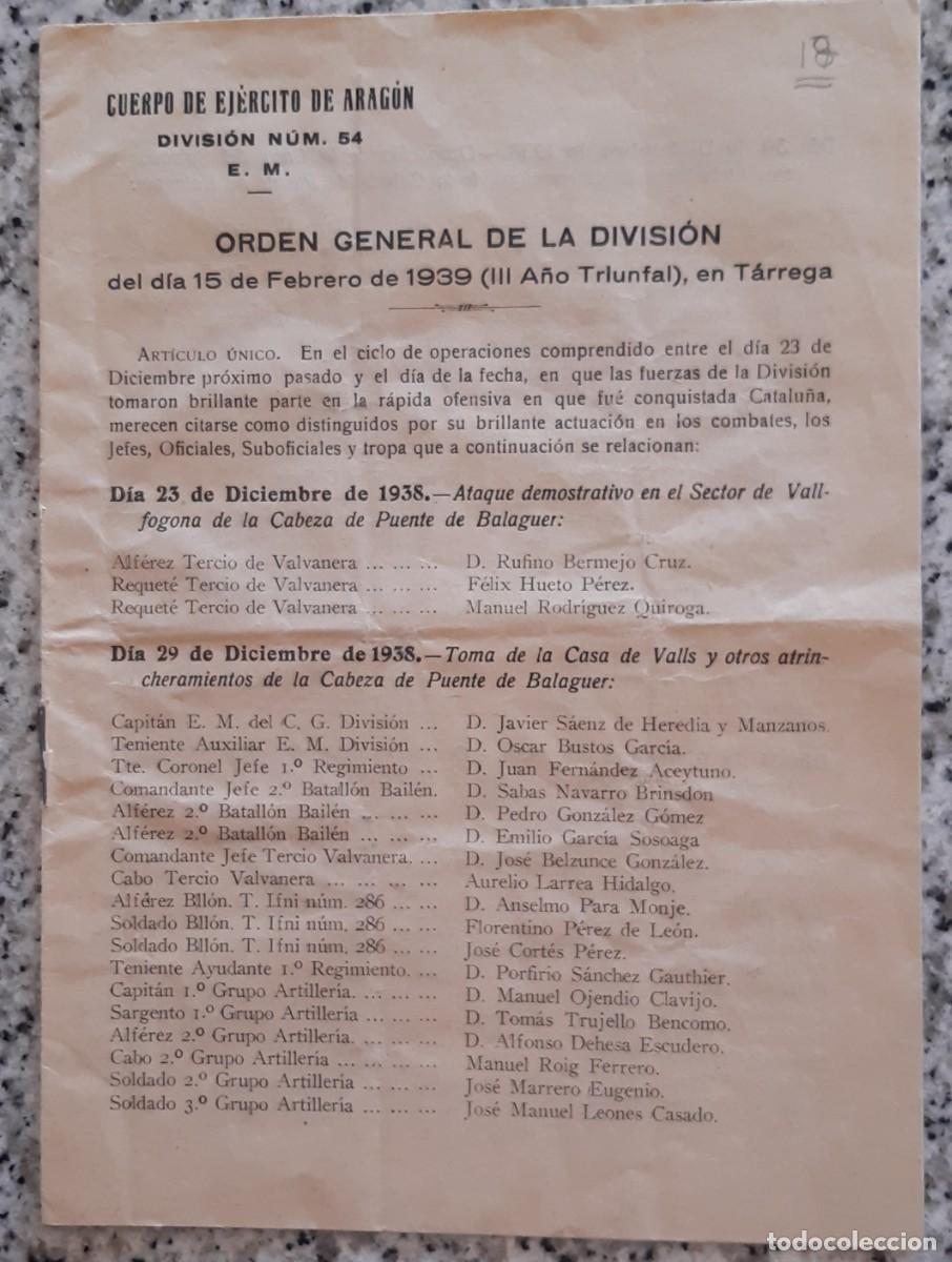 Militaria: ORDEN GENERAL DE LA 54 DIVISION. CAMPA&Ntilde;A DE CATALU&Ntilde;A. GUERRA CIVIL
