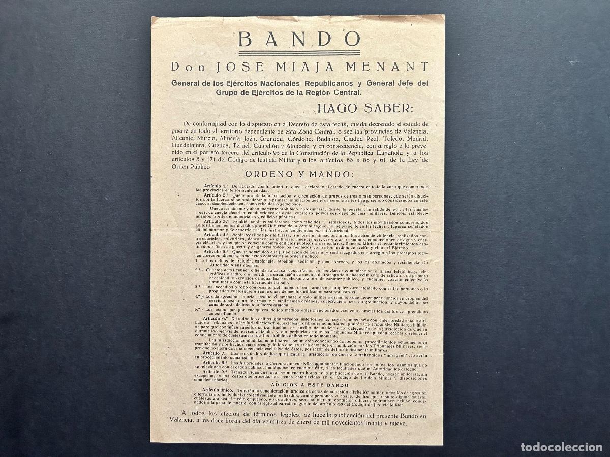 Militaria: Bando Guerra Civil Espa&ntilde;ola - General Miaja - Estado de Guerra Valencia 1939