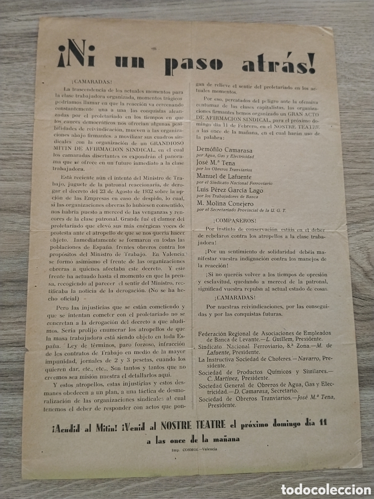 Militaria: Cartel miting obrero 1936 valencia pre guerra civil.ferroviarios.UGT.Psoe.pce.jsu.frente popular.tra