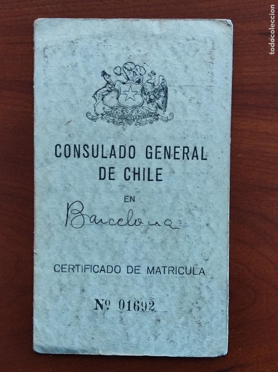 Militaria: CERTIFICADO DE MATR&Iacute;CULA CONSULADO GENERAL DE CHILE EN BARCELONA SEPTIEMBRE 1936 - CALIG (CASTELL&Oacute;N)