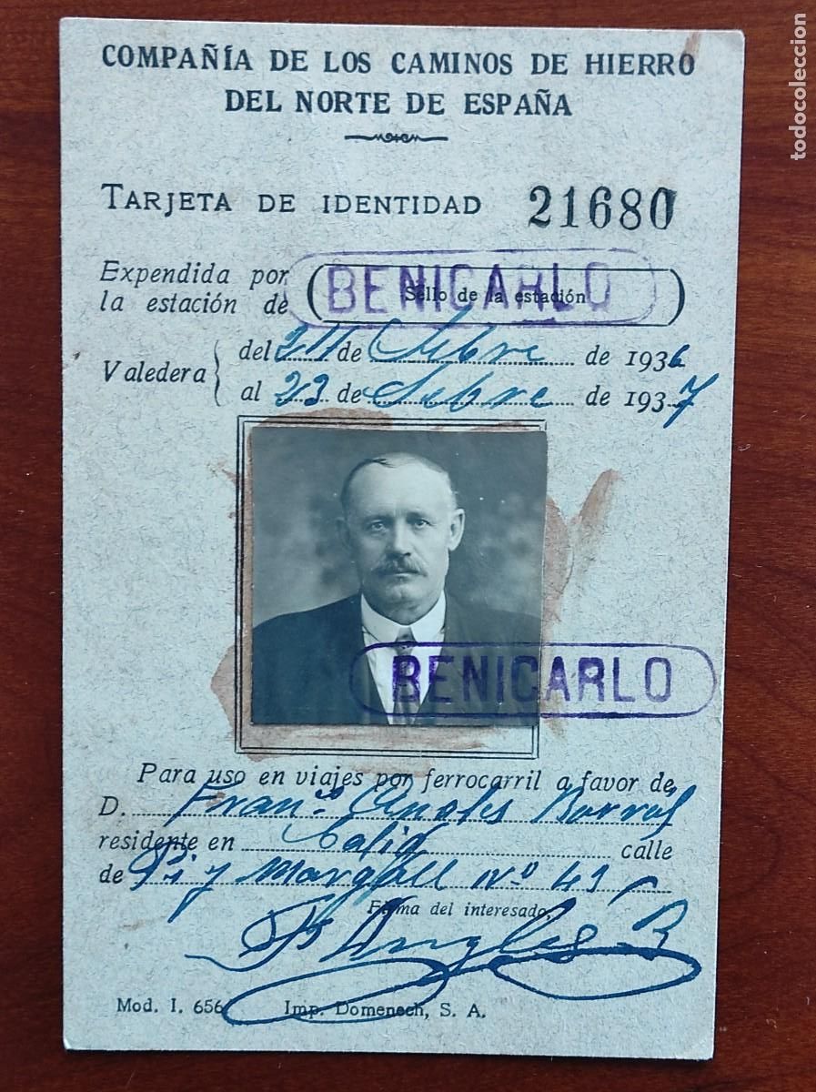 Militaria: TARJETA DE IDENTIDAD COMPA&Ntilde;&Iacute;A CAMINOS DE HIERRO DEL NORTE EXPEDIDA BENICARLO SEPTIEMBRE 1936