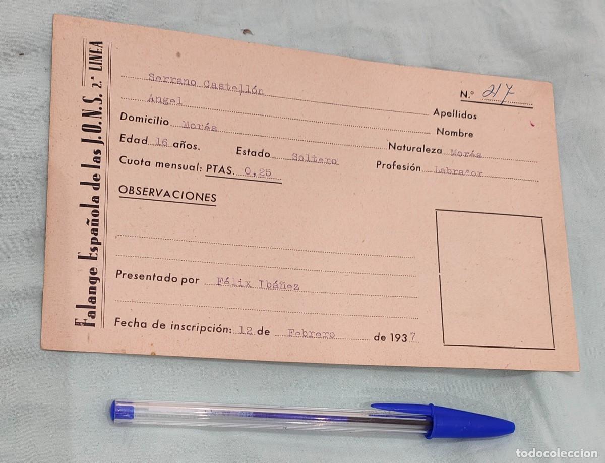 Militaria: Guerra Civil..Falangista en retaguardia ...2 linea..ficha politica ,sede Falange..217...original.
