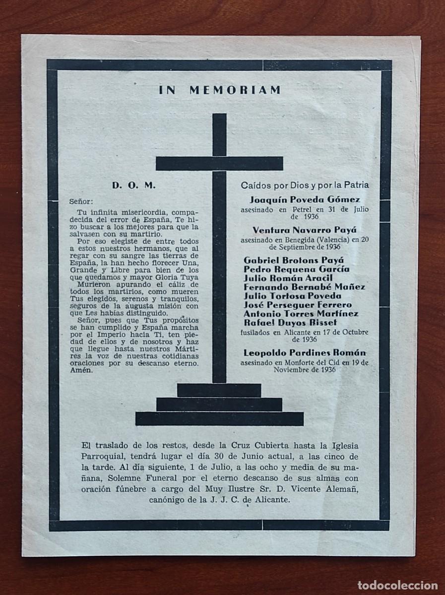 Militaria: PETRER (ALICANTE) 29 JUNIO 1939 D&Iacute;PTICO IN MEMORIAM TRASLADO RESTOS M&Aacute;RTIRES FUSILADOS ROJOS