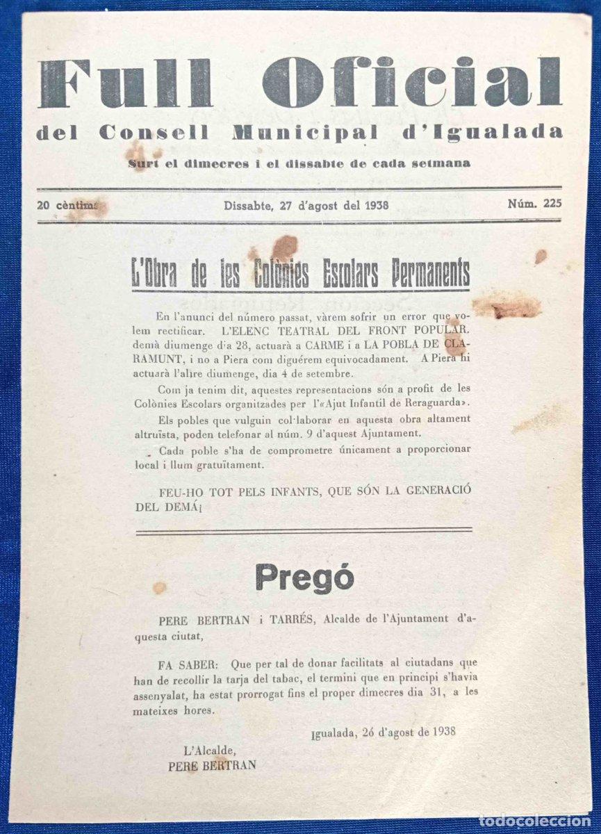 Militaria: FULL OFICIAL DEL CONSELL COMARCAL D'IGUALADA. DISSABTE 27 D'AGOST DE 1938. N&Uacute;M. 225.