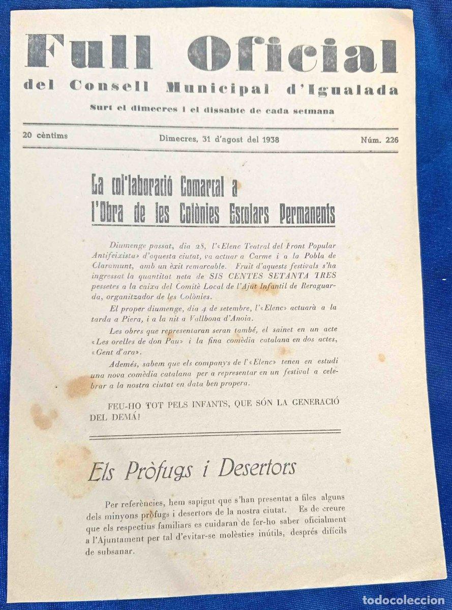 Militaria: FULL OFICIAL DEL CONSELL COMARCAL D'IGUALADA. DIMECRES 31 D'AGOST DE 1938. N&Uacute;M. 226.