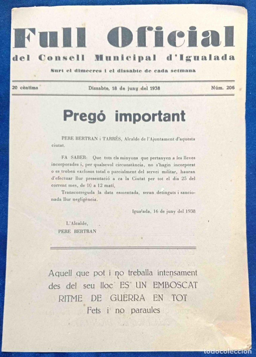 Militaria: FULL OFICIAL DEL CONSELL COMARCAL D'IGUALADA. DISSABTE 18 DE JUNY DE 1938. N&Uacute;M. 206.