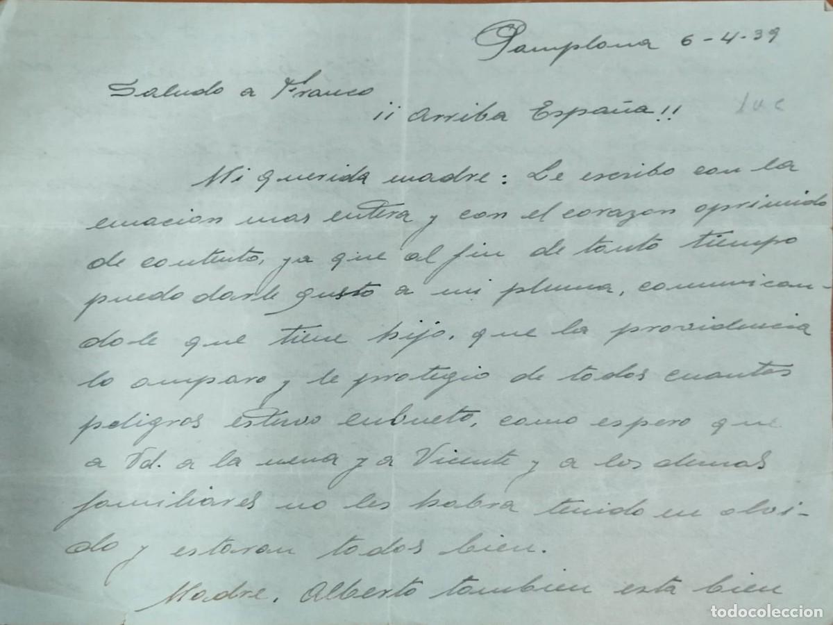 Militaria: GUERRA CIVIL ESPA&Ntilde;OLA 1939. CARTA MANUSCRITA SARGENTO CONVALECIENTE EN PAMPLONA 5 D&Iacute;AS DESPU&Eacute;S DEL F