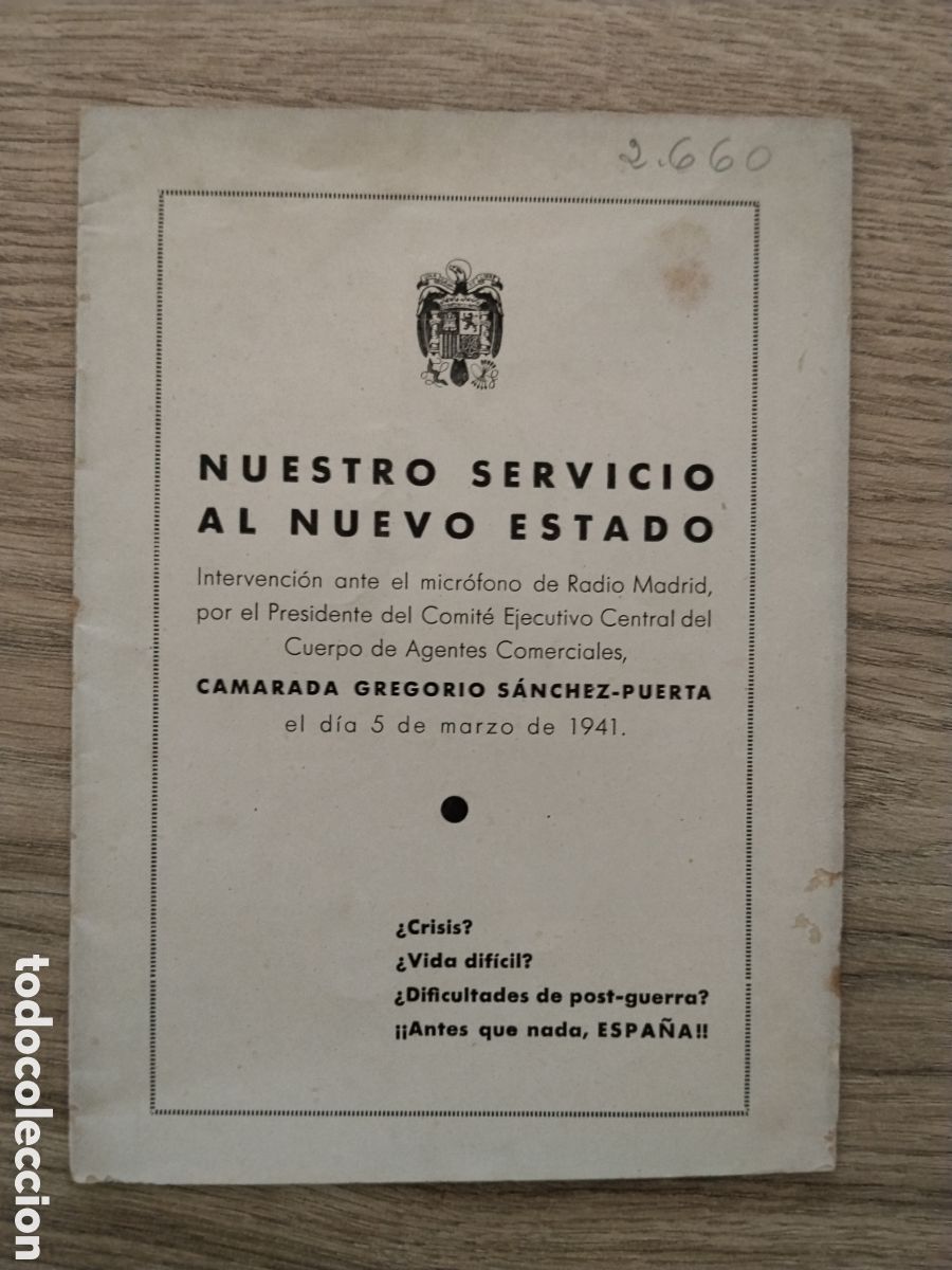 Militaria: Libreto guerra civil nuestro servicio al nuevo estado.agentes comerciales.falange.bando nacional.193