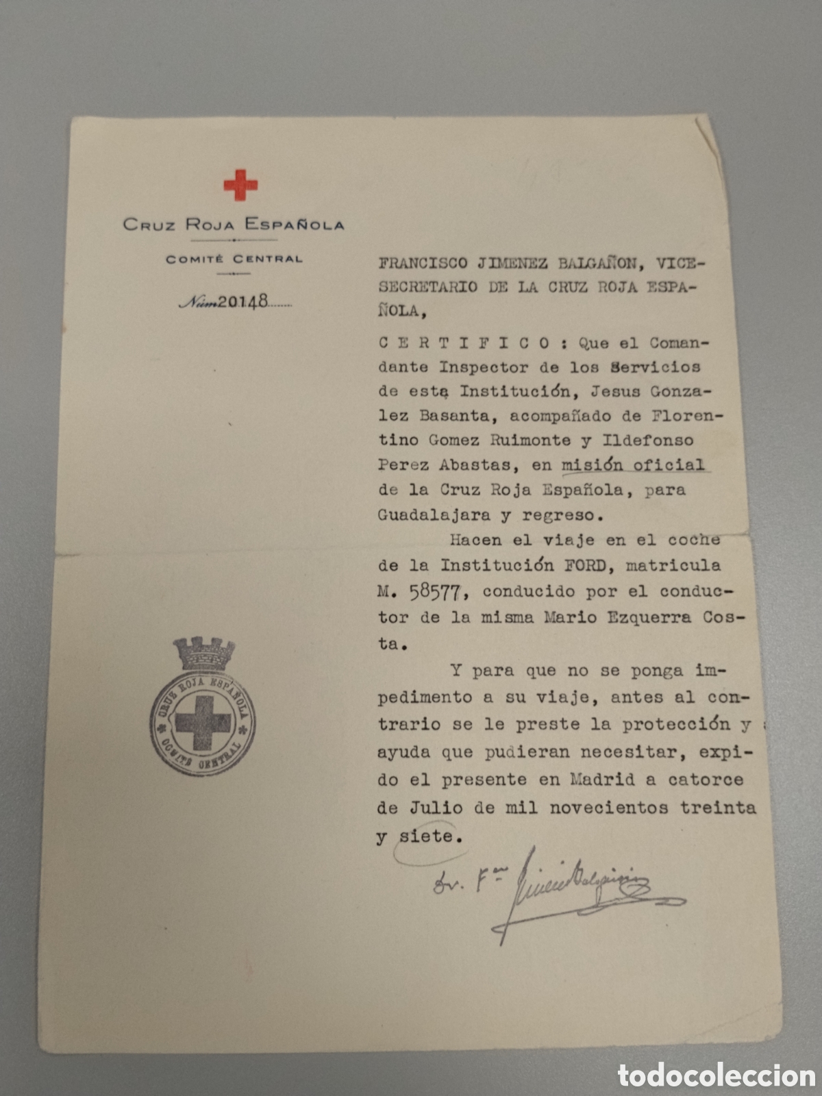 Militaria: Salvoconducto guerra civil republicano inspector cruz roja.1937.sanidad militar.ejercito popular.mil