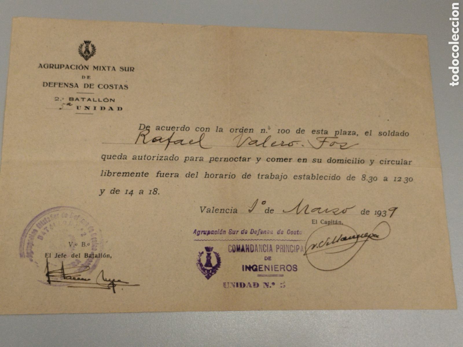 Militaria: Salvoconducto republicano guerra civil agrupaci&oacute;n defensa de costas.marina republicana.armada.