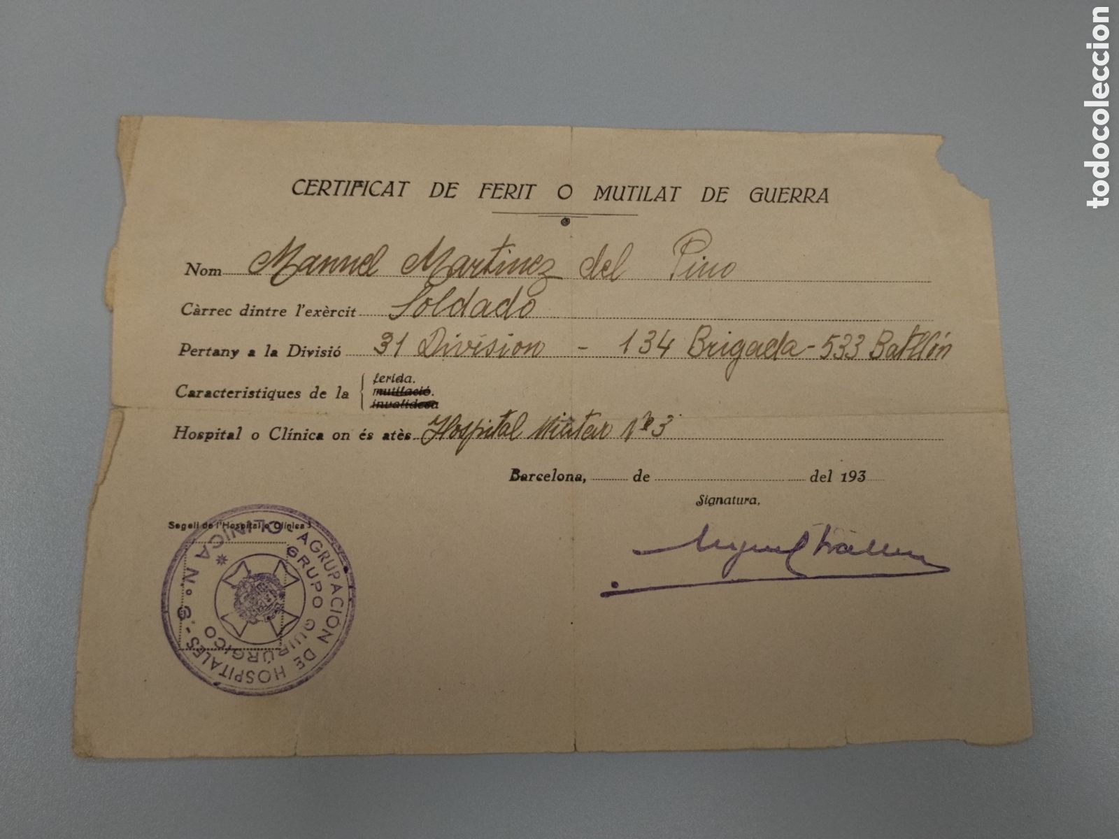 Militaria: Documento republicano guerra civil herido de guerra.31 divisi&oacute;n ej&eacute;rcito popular.sanidad militar.mil