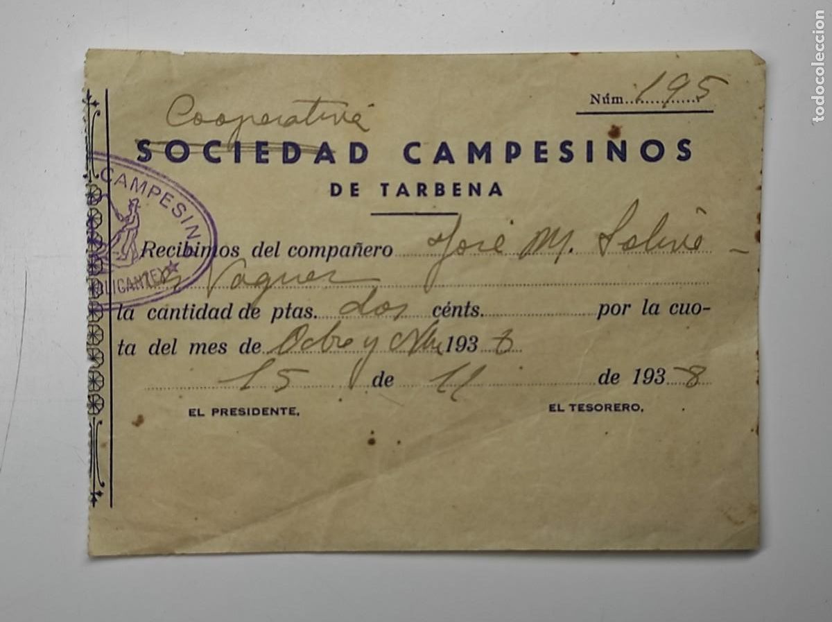 Militaria: GUERRA CIVIL RECIBO SOCIEDAD CAMPESINOS DE T&Aacute;RBENA (ALICANTE) A&Ntilde;O 1938 - CONVERTIDA EN COOPERATIVA