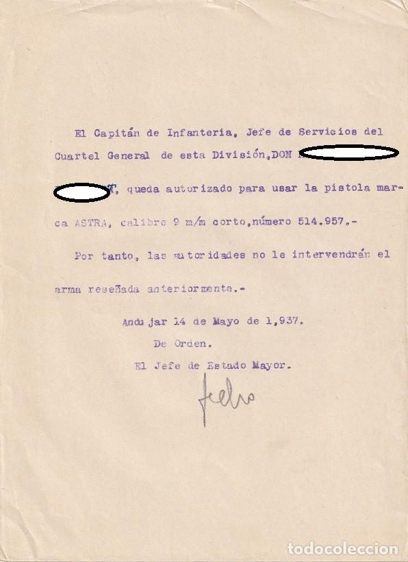 Militaria: And&uacute;jar 1937 Autorizaci&oacute;n para usar pistola Astra a Capit&aacute;n de Infanter&iacute;a - Guerra Civil &middot; Andaluc&iacute;a