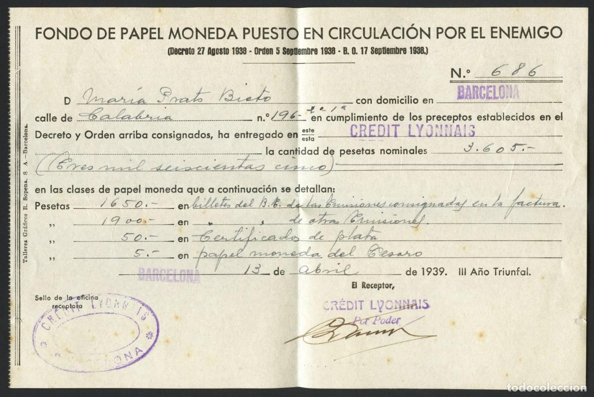 Militaria: POSGUERRA, DOCUMENTO, PAPEL MONEDA PUESTO EN CIRCULACI&Oacute;N POR EL ENEMIGO, 1939