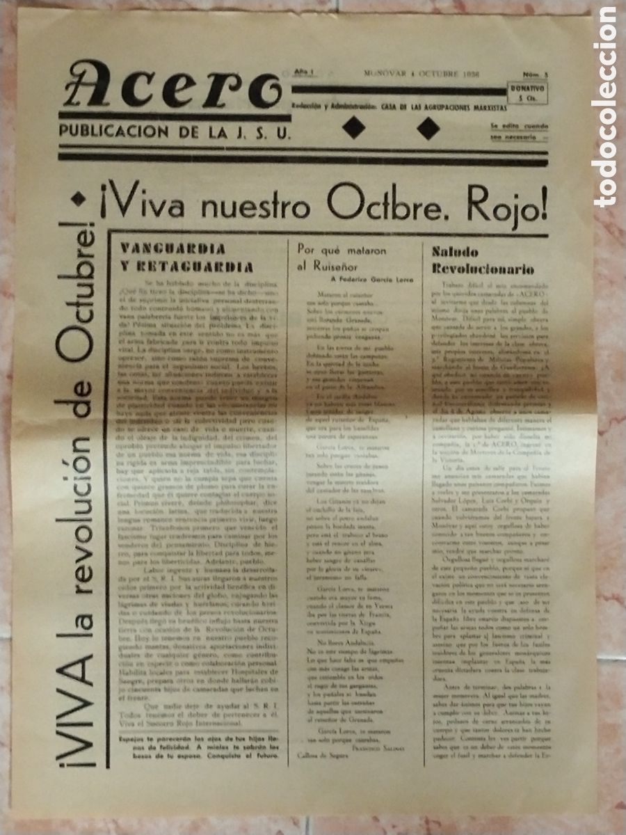 Militaria: Publicaci&oacute;n comunista guerra civil Juventud socialista unificada.JSU. Acero.valencia.1936.pce.psoe.m