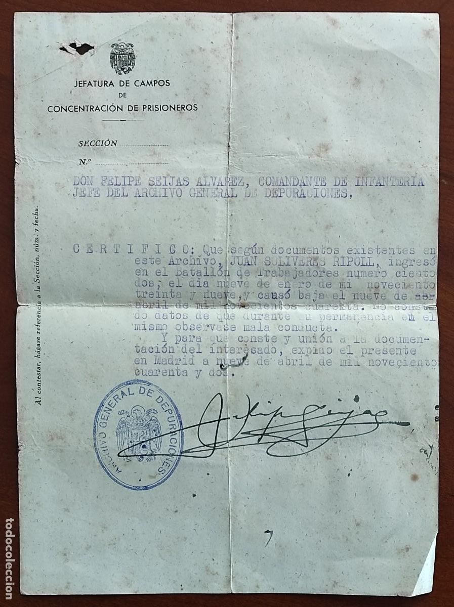 Militaria: A&Ntilde;O 1942. JEFATURA DE CAMPOS DE CONCENTRACI&Oacute;N DE PRISIONEROS - CERTIFICADO BUENA CONDUCTA