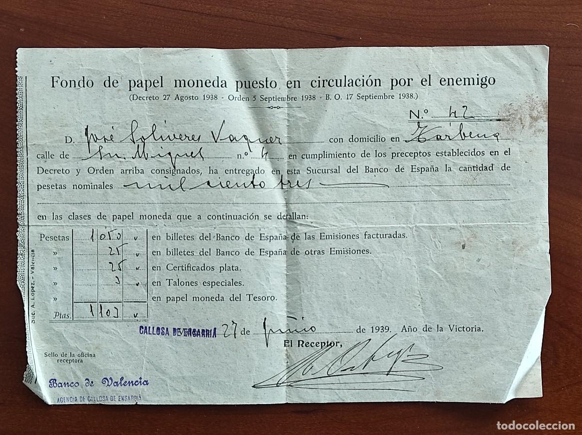 Militaria: CALLOSA DE ENSARRI&Aacute; A&Ntilde;O 1939. RECIBO FONDO DE PAPEL MONEDA PUESTO EN CIRCULACI&Oacute;N POR EL ENEMIGO