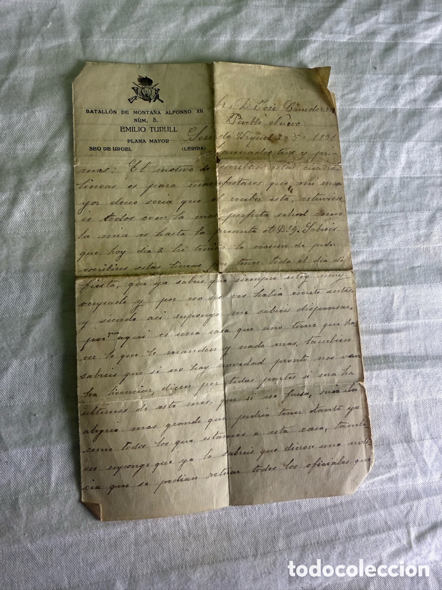 Militaria: CARTA MILITAR ORIGINAL BATALL&Oacute;N ALFONSO XII N&ordm; 5 &ndash; SEO DE URGEL &ndash; 1931