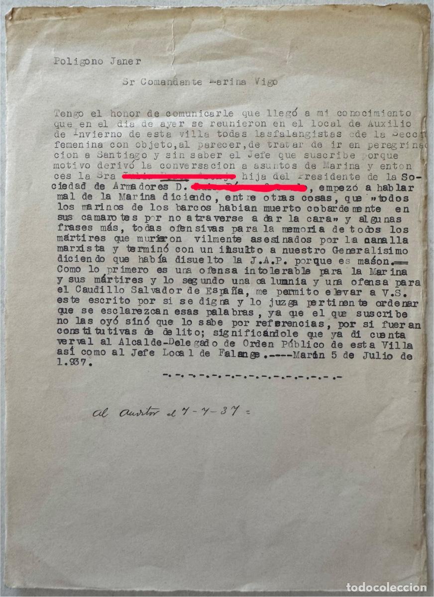 Militaria: DENUNCIA A COMANDANTE MARINA VIGO - OFENSAS A MARINA Y FRANCO - SECCI&Oacute;N FEMENINA - MAR&Iacute;N 1937