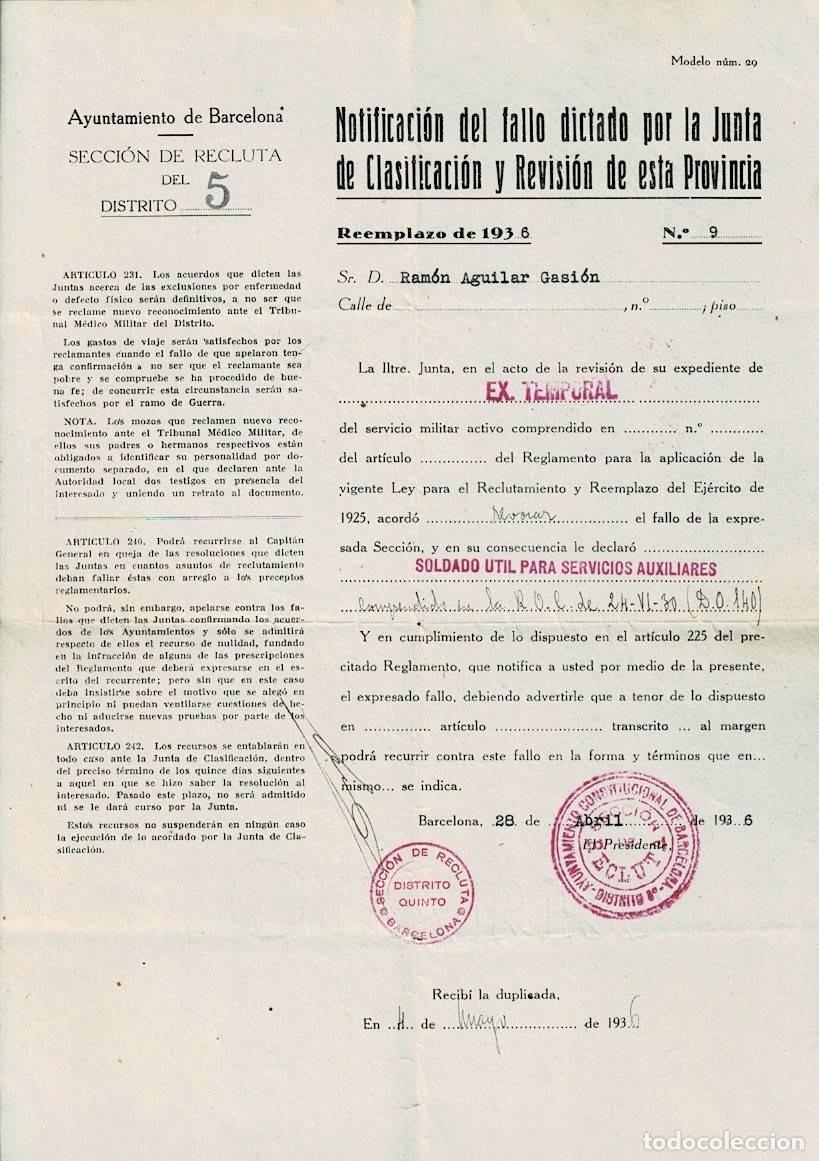 Militaria: L23-24 Guerra Civil Seccion de RECLUT A del Distrito 51 BARCELONA NOTIFICACION DEL FALLO 4de mayo de