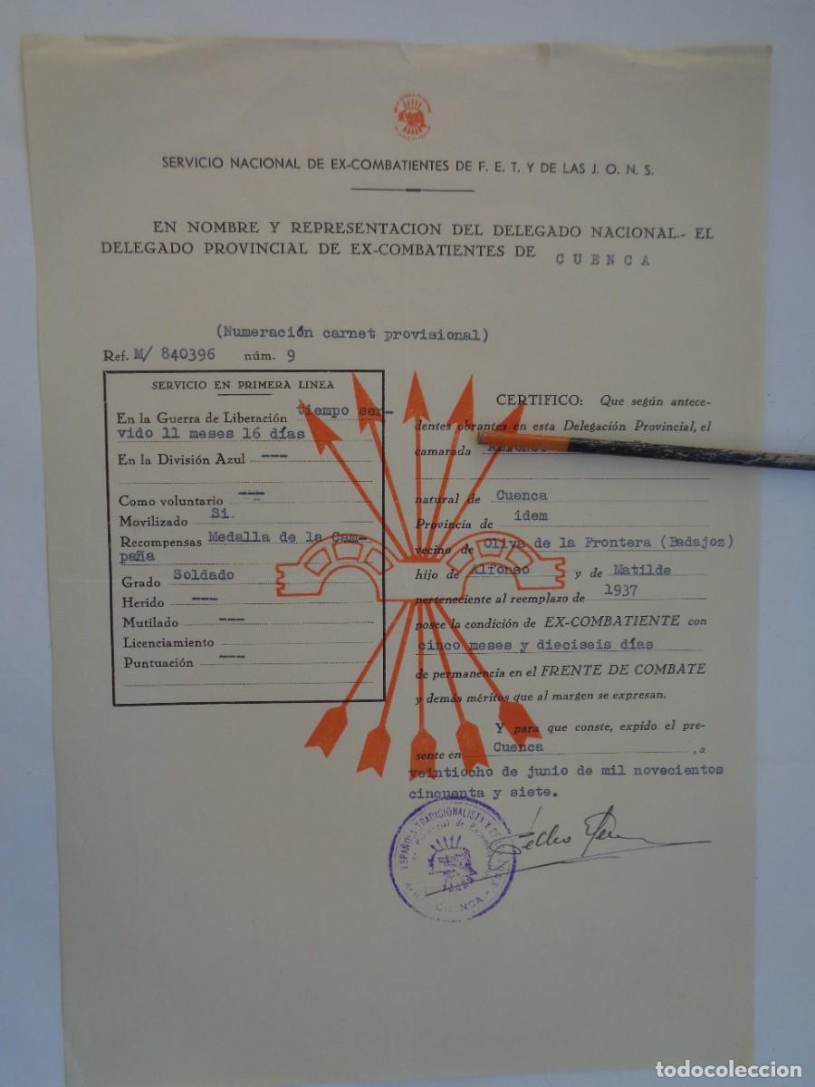 Militaria: GUERRA CIVIL - SERVICIO NAL. EX-COMBATIENTESE DE FALANGE : CERTIFICADO . CUENCA 1957