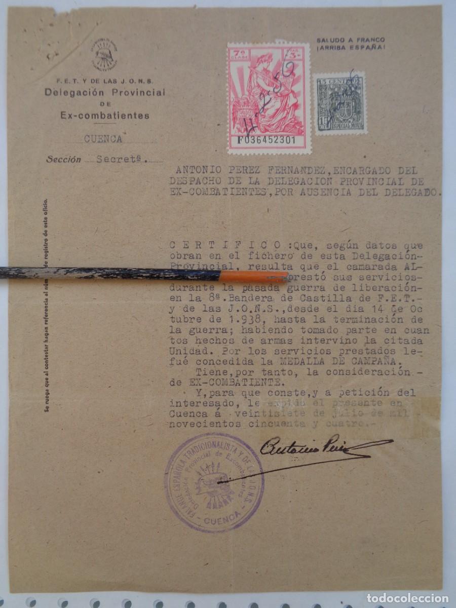 Militaria: GUERRA CIVIL - EX-COMBATIENTES : CERTIFICADO FALANGISTA 8&ordf; BANDERA FALANGE . CUENCA, 1954