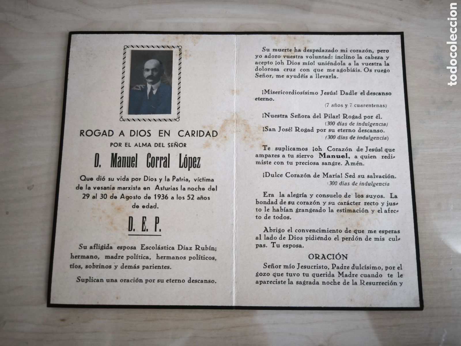 Militaria: Recordatorio Manuel Corral asesinado en Asturias el 29 Agosto 1936. Guerra Civil