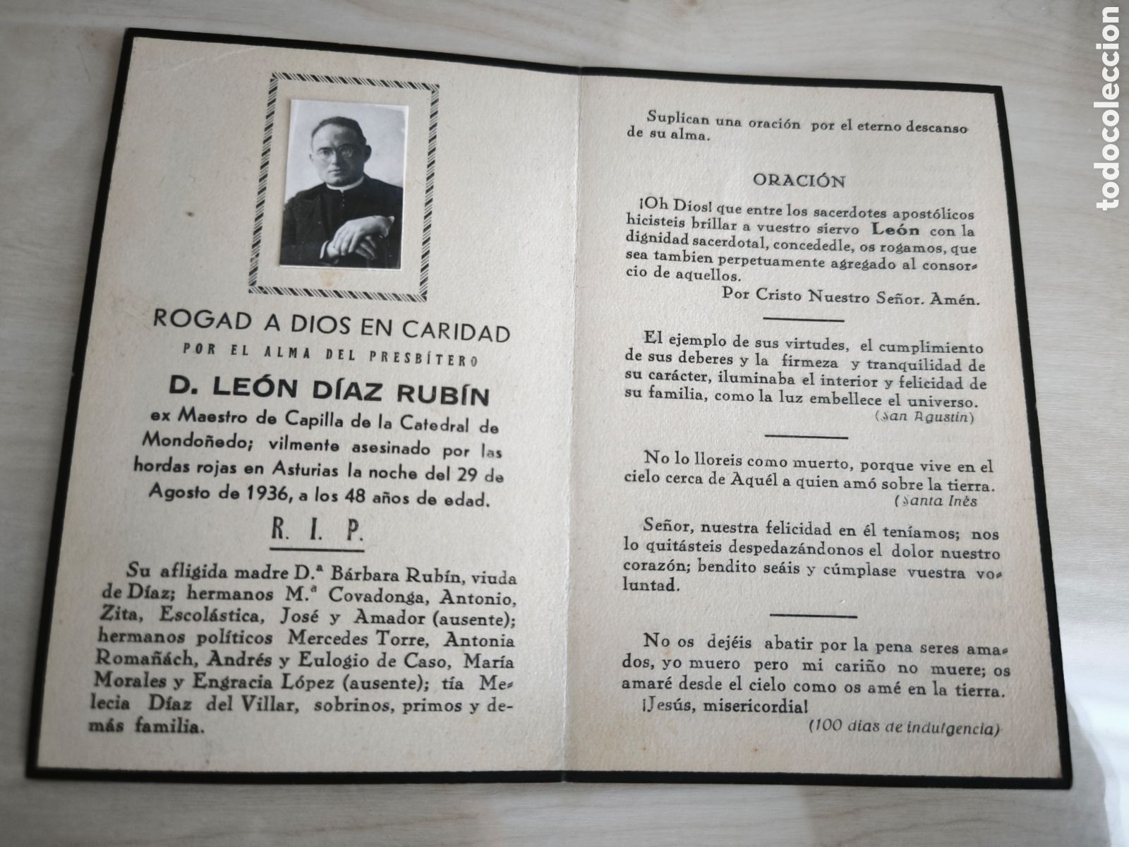 Militaria: Recordatorio Le&oacute;n Diaz Rub&iacute;n (presb&iacute;tero) asesinado en Asturias en Agosto de 1936.