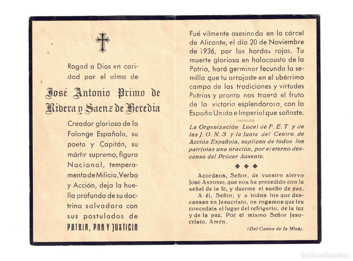 Militaria: Esquela recordatorio Jose Antonio Primo de Rivera &ndash; Cass&agrave; de la Selva Girona Guerra Civil Posguerra