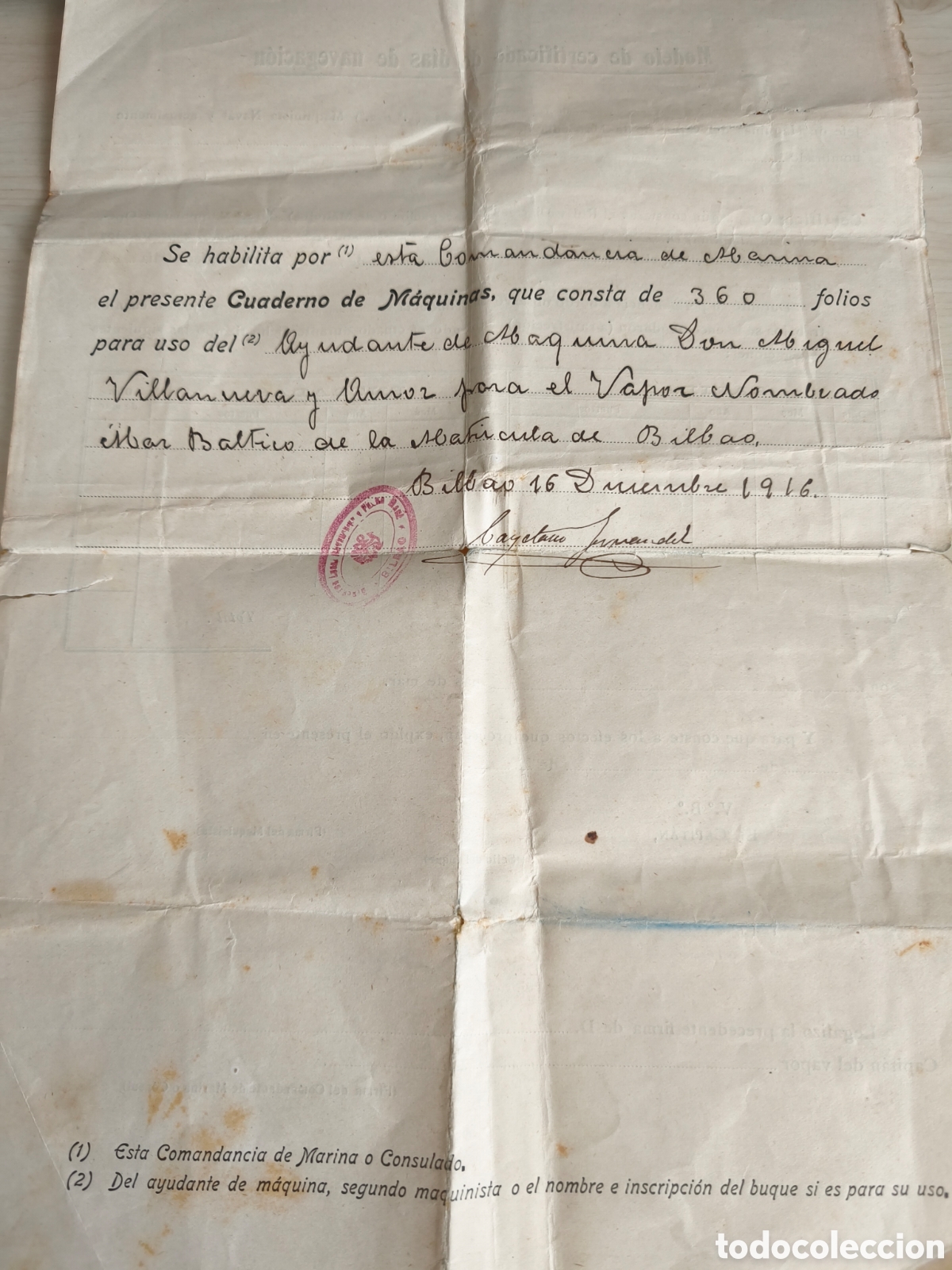 Militaria: Comandancia de Marina de Bilbao habilita cuaderno de maquinas Vapor Mar Baltico. 1916