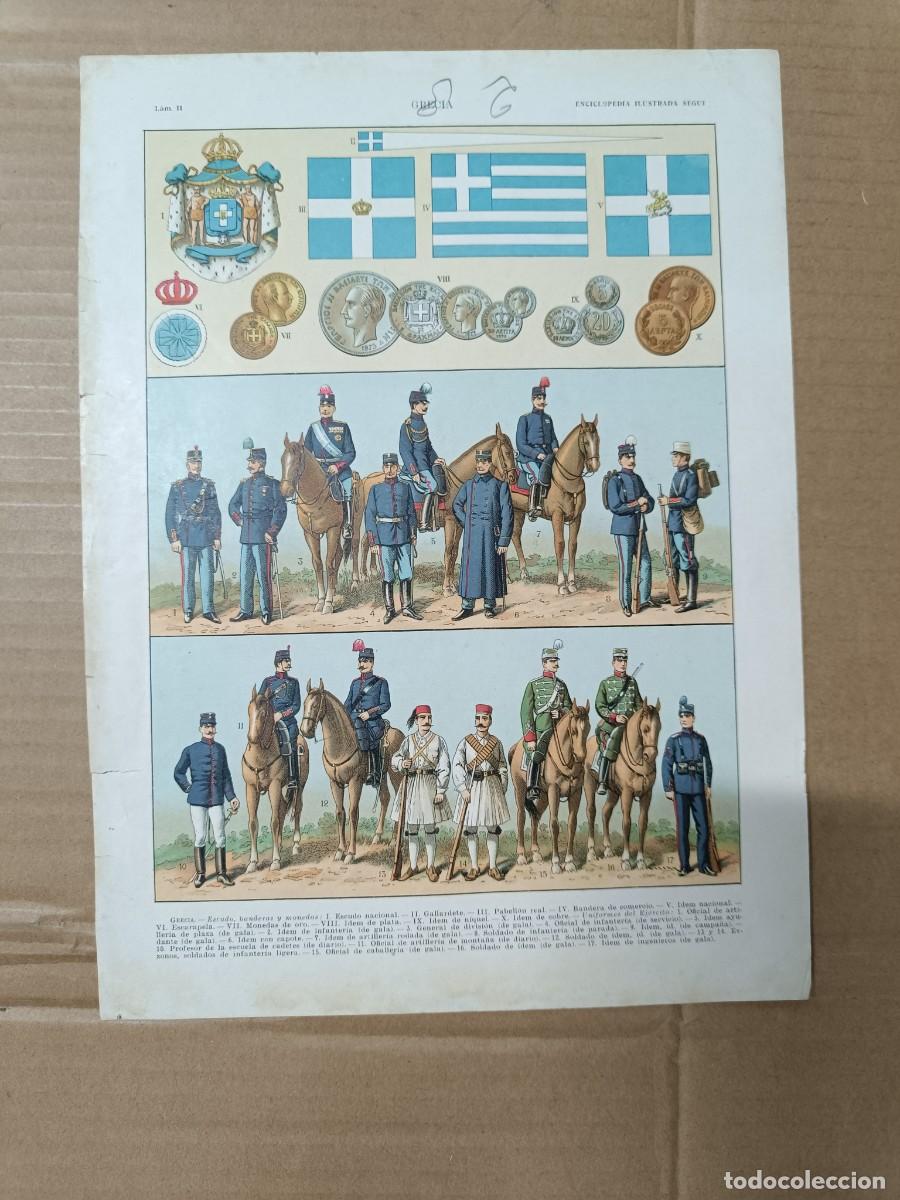 Militaria: ANTIGUA LAMINA DOBLE CARA, MAPA GRECIA PRIMERA GUERRA MUNDIAL, MILITARES BANDERA ESCUDO MONEDAS -M3