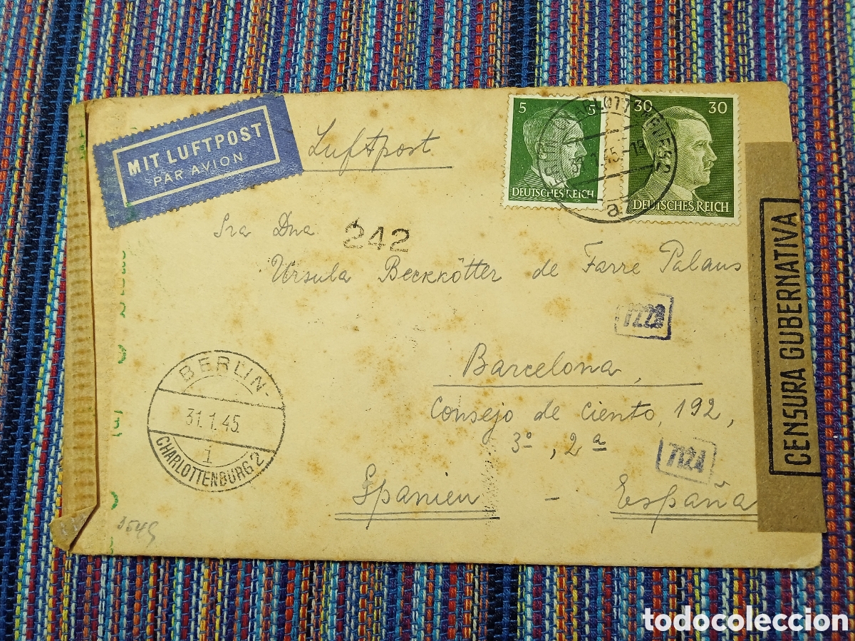 Military Antiques: CARTA DE 1945 DE BERLIN ALEMANA A BARCELONA CENSURA GUBERNATIVA CON CARTA EN EL INTERIOR