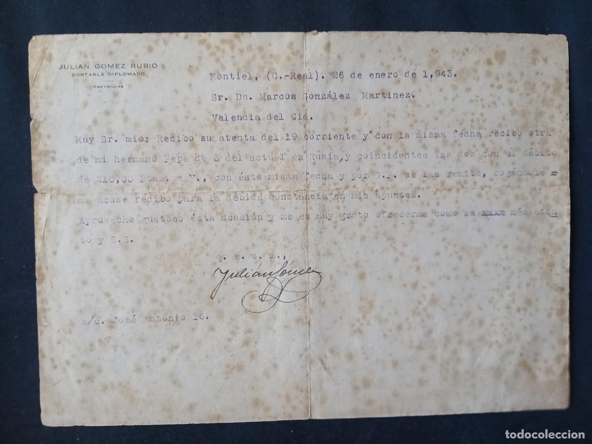Militaria: Valencia, Montiel, Ciudad Real, carta a divisionario Marcos Gonz&aacute;lez Mart&iacute;nez 1943. Divisi&oacute;n azul