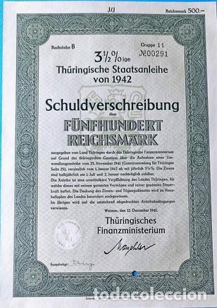 Military Antiques: Alemania Tercer Reich Bono 500 con sello Nazi en seco &ndash;Turingia 1942 Verde