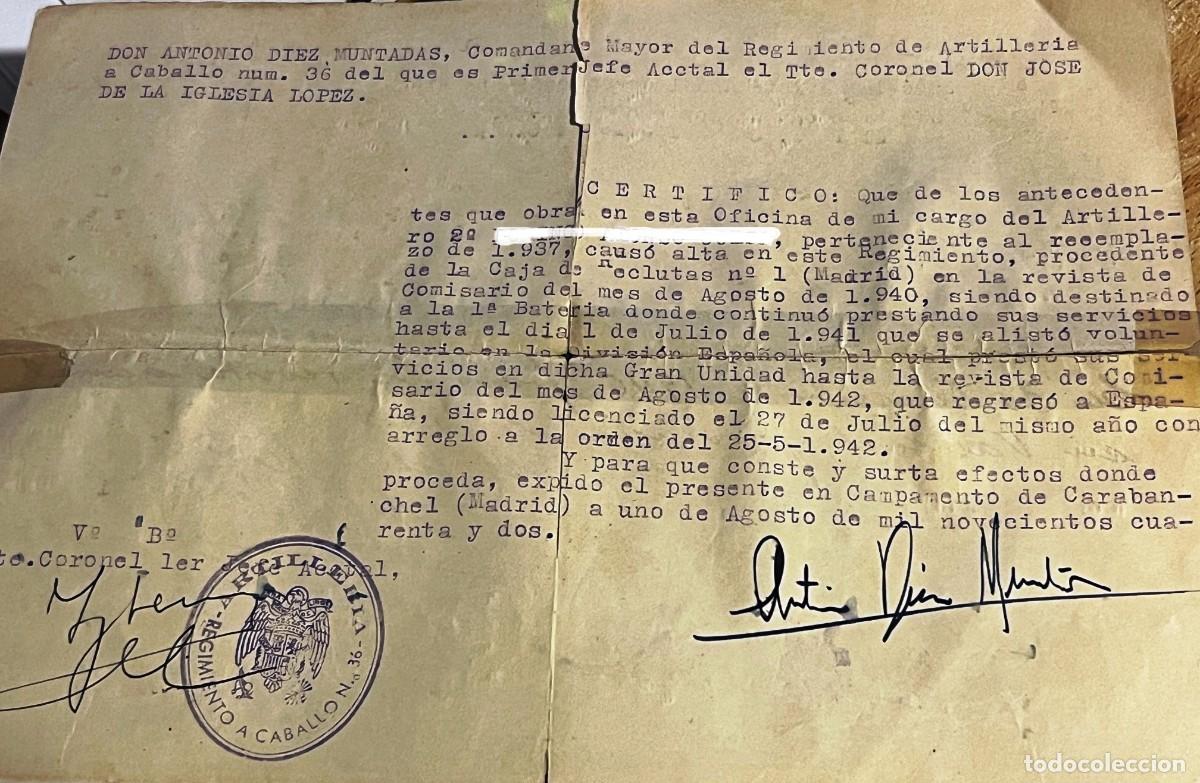 Militaria: Certificaci&oacute;n nominal de servicios vinculada a la Divisi&oacute;n Espa&ntilde;ola de Voluntarios, conocida popular