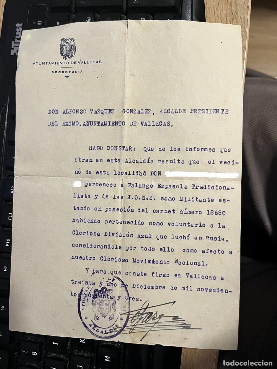 Militaria: Documento relativo a la Division AZUL, original mecanografiado del Ayuntamiento de Vallecas &ndash; Secret