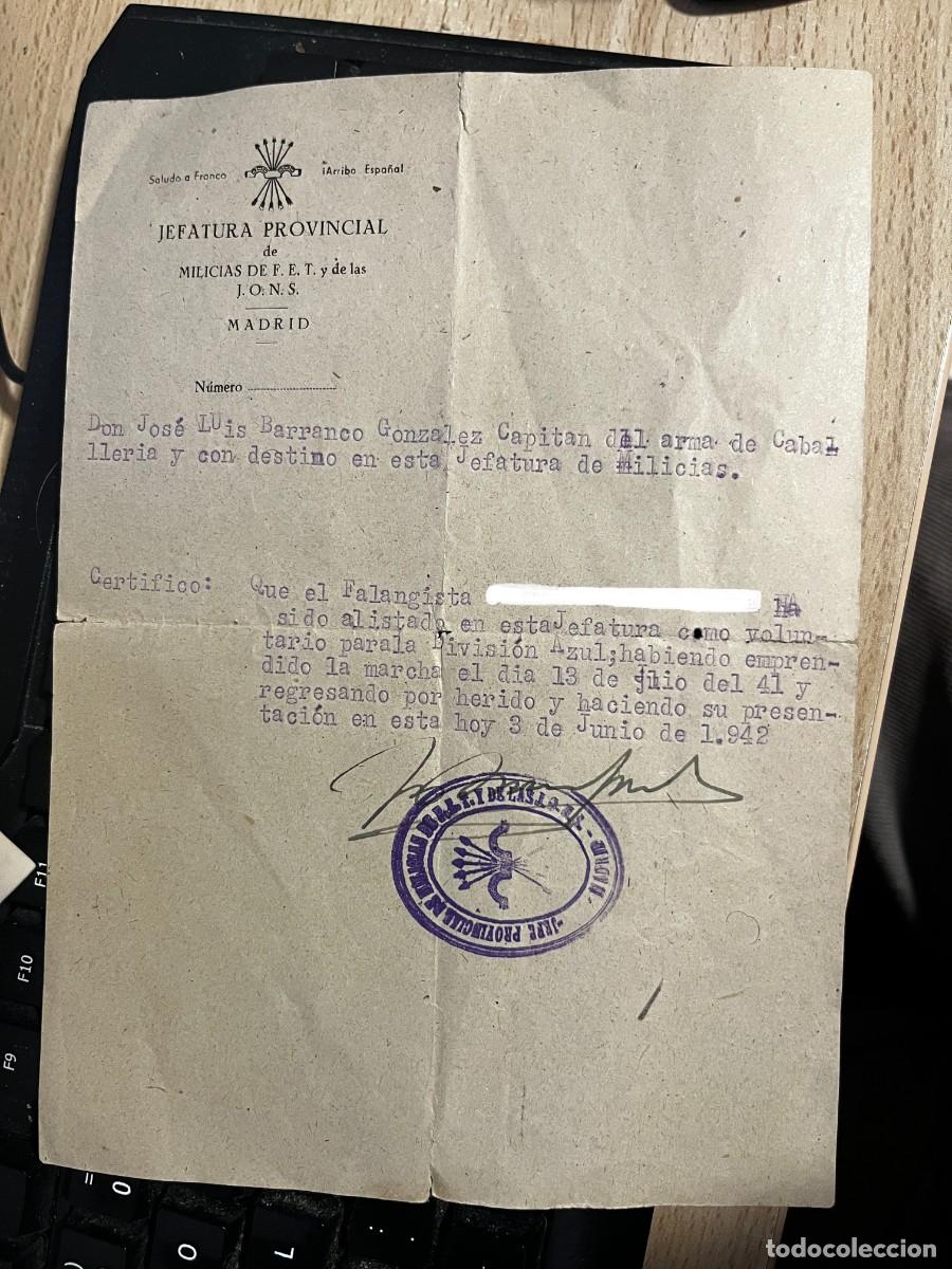 Militaria: Divisi&oacute;n Azul. Documento original mecanografiado de la Jefatura Provincial de Milicias de F.E.T. y d