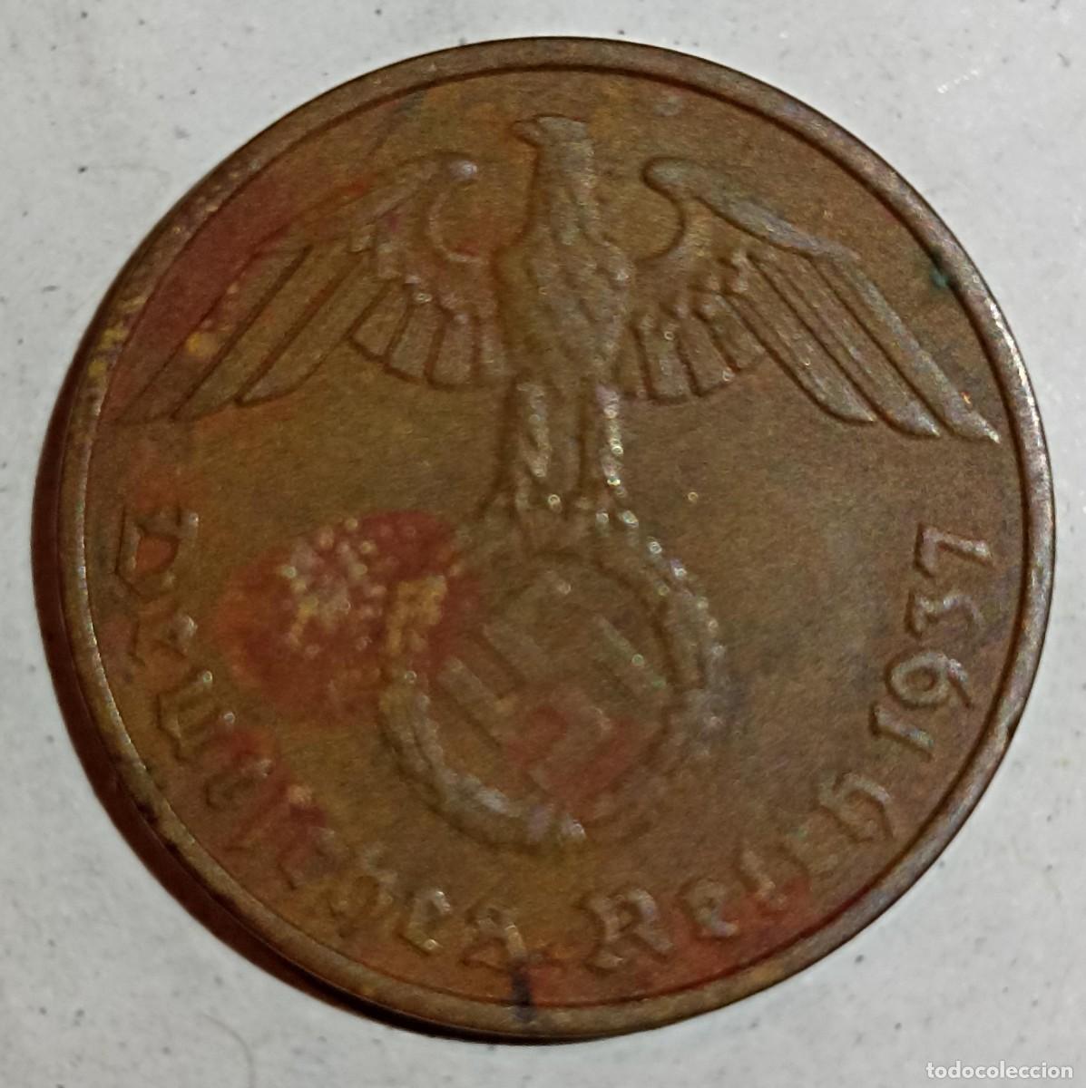 Militaria: Moneda original 2 Reichspfennig de 1937 A (III Reich Hitler- Nazi- Alemania) WWII