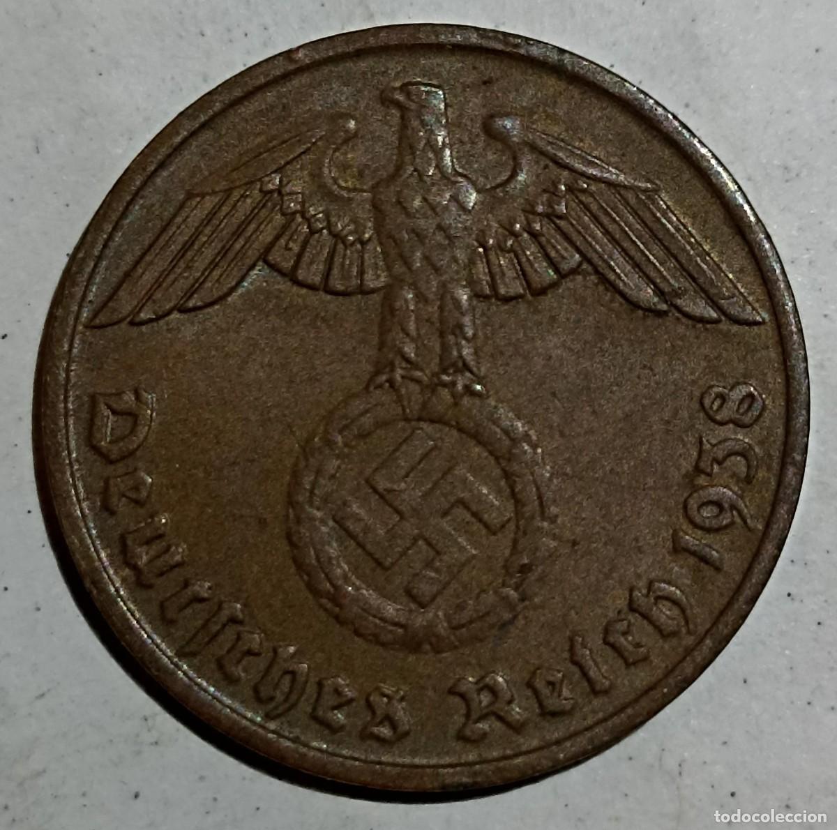 Militaria: Moneda original 2 Reichspfennig de 1938 J (III Reich Hitler- Nazi- Alemania) WWII
