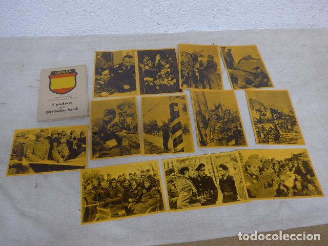 Militaria: Antigua coleccion completa de 12 postales originales de Cuadros de la Division Azul, con su estuche