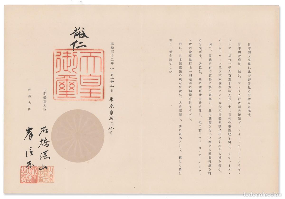 Militaria: Documento imperial firmado Hirohito 1957, legado de la II Guerra Mundial, COA y sobre original IIWW