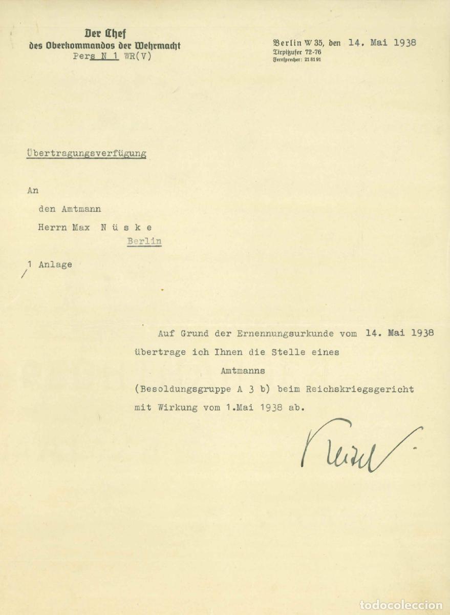 Militaria: Documento firmado Wilhelm Keitel 1938, nombramiento Reichskriegsgericht Tribunal Militar Alem&aacute;n