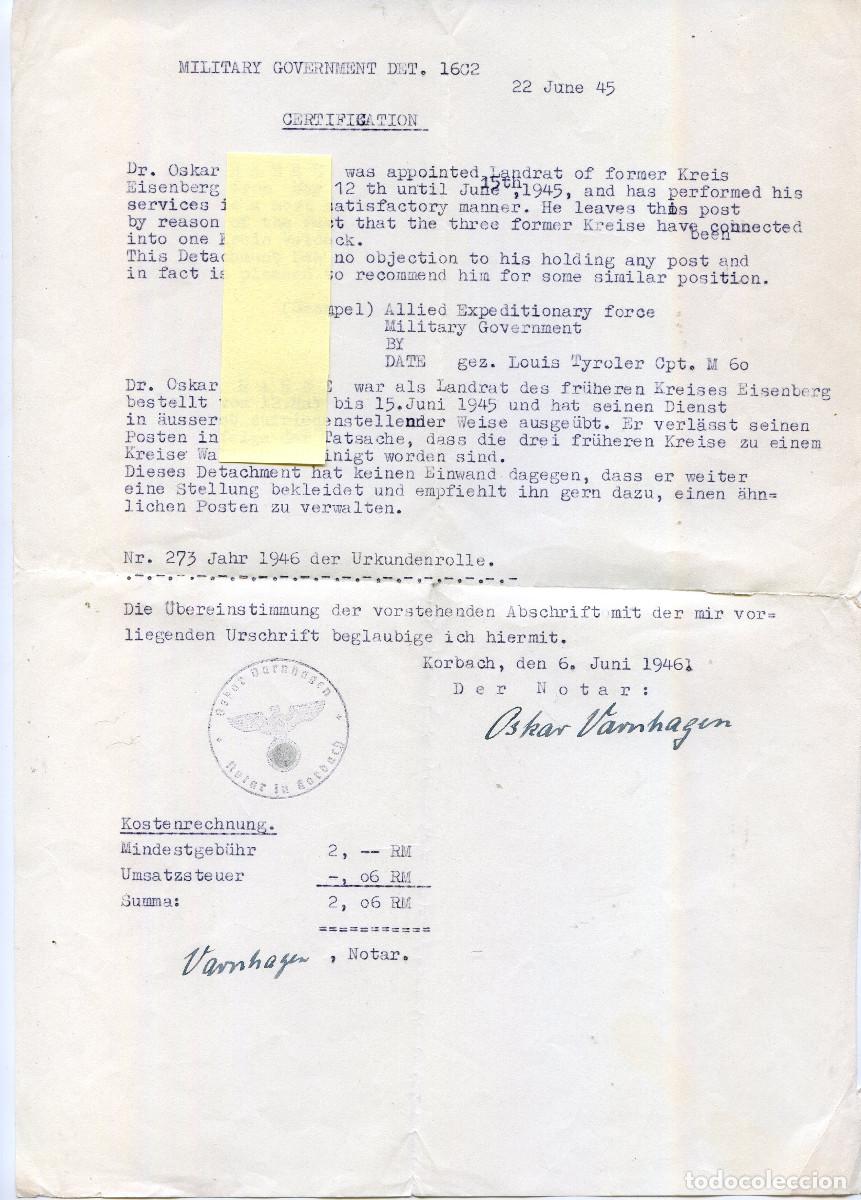 Militaria: Certificado notarial de fuerzas expedicionarias Aliadas autorizando nombramiento de un alem&aacute;n 1946